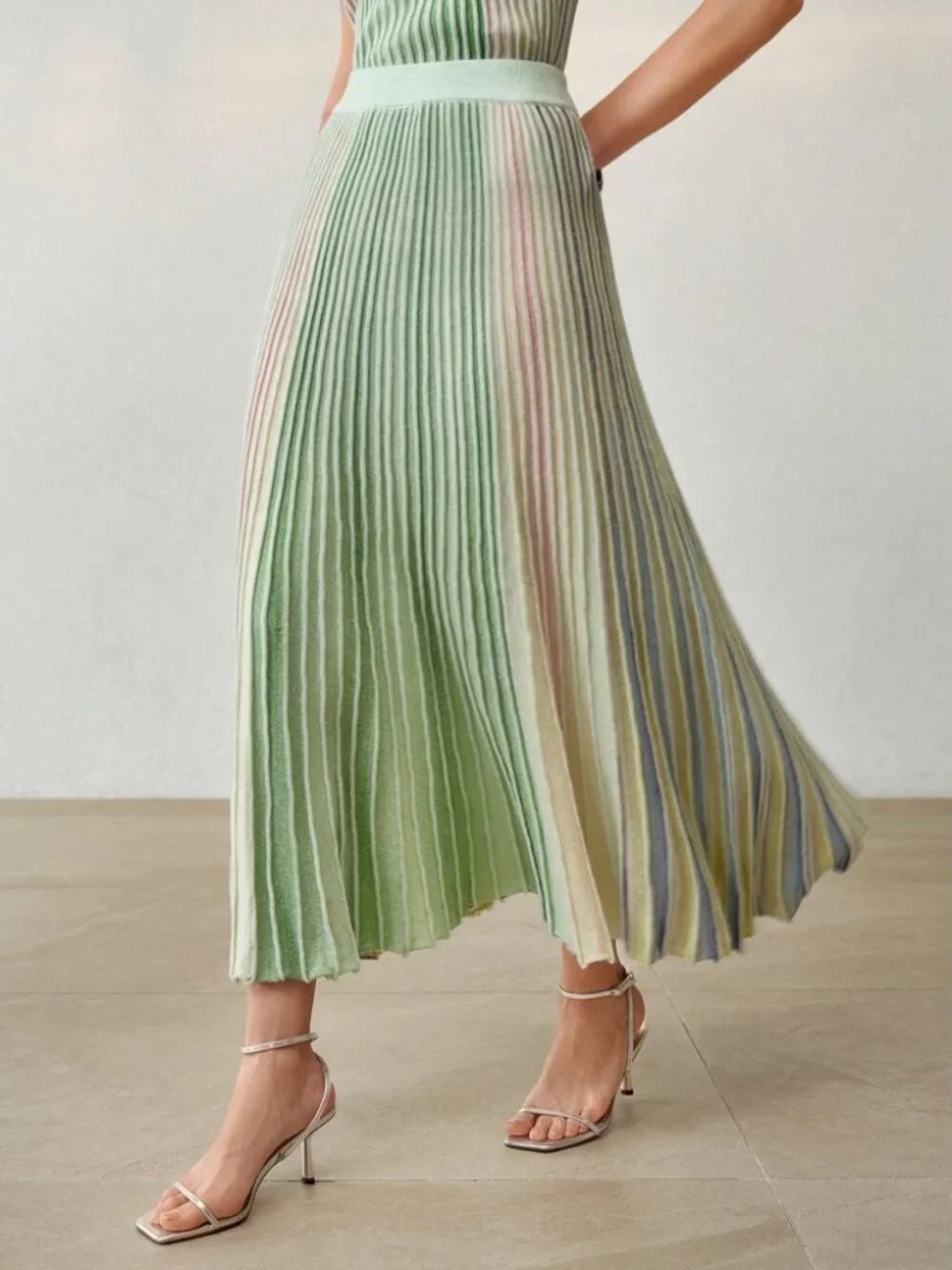 Green Ombre Striped Knit Pleated Maxi Skirt